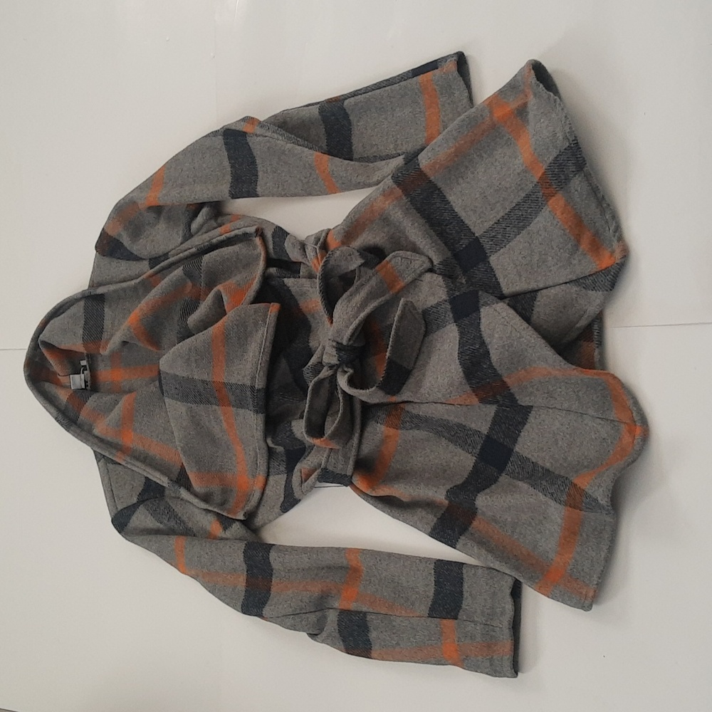 Favlux Fashion Women's M Wool Blend Grey Plaid Drape Front Waist Tie Coat